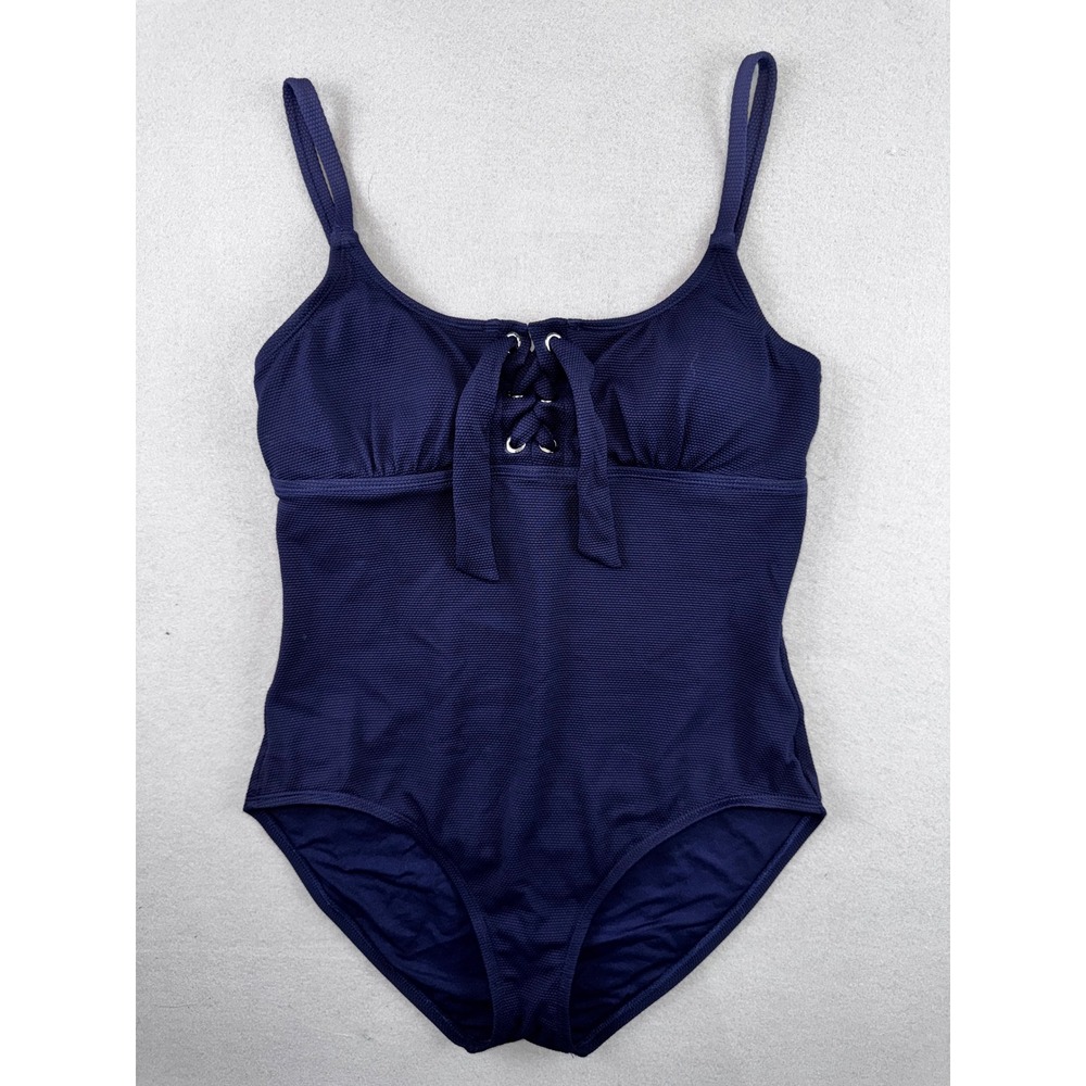 Tommy Bahama Womens Navy Blue Lace Up Front Textured One Piece Swimsuit 10